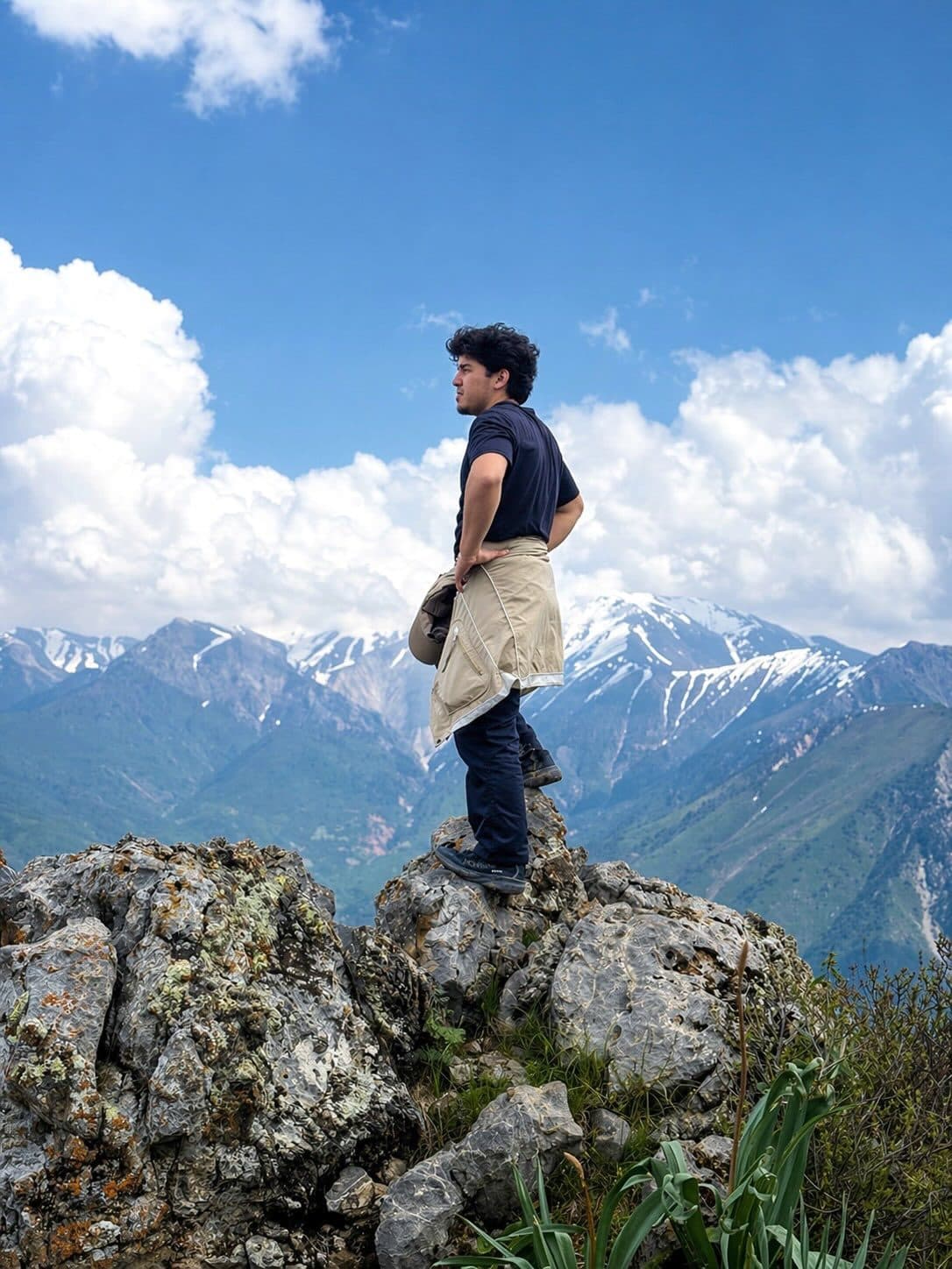 Trekking.uz ishtirokchisi qorli cho'qqilar fonida qoya ustida