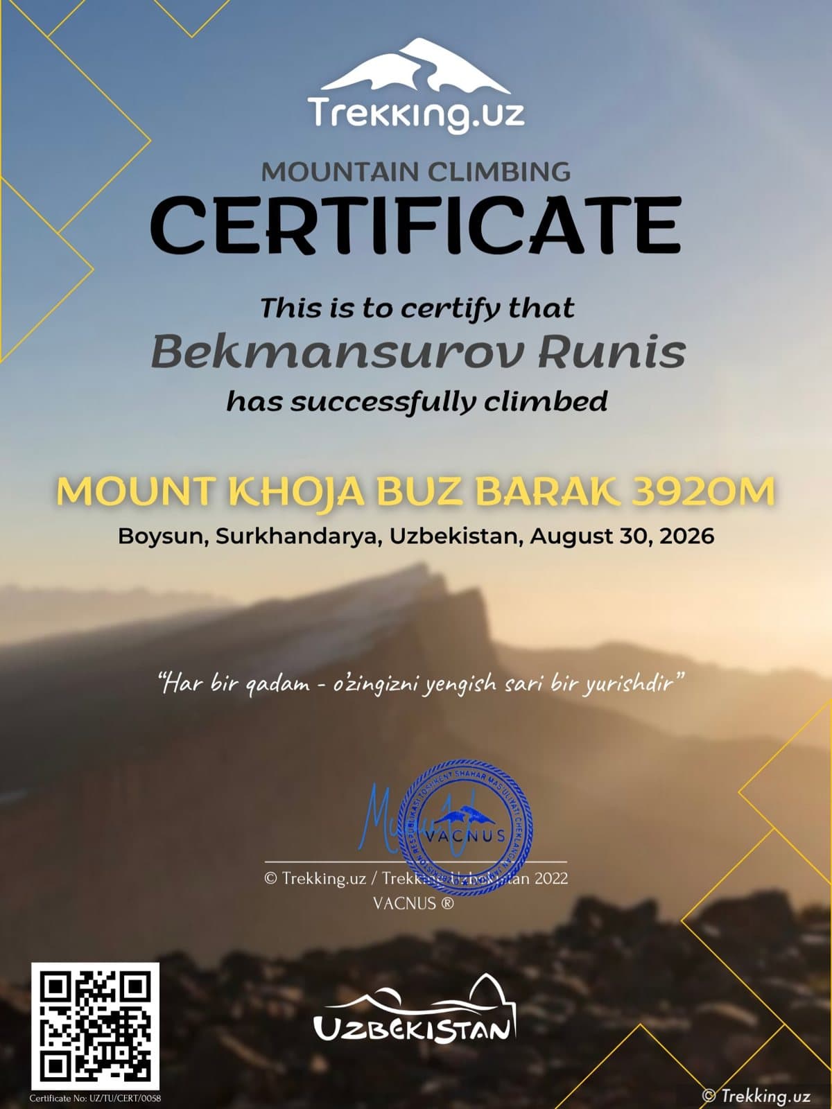 Trekking.uz cho'qqi sertifikati namunasi